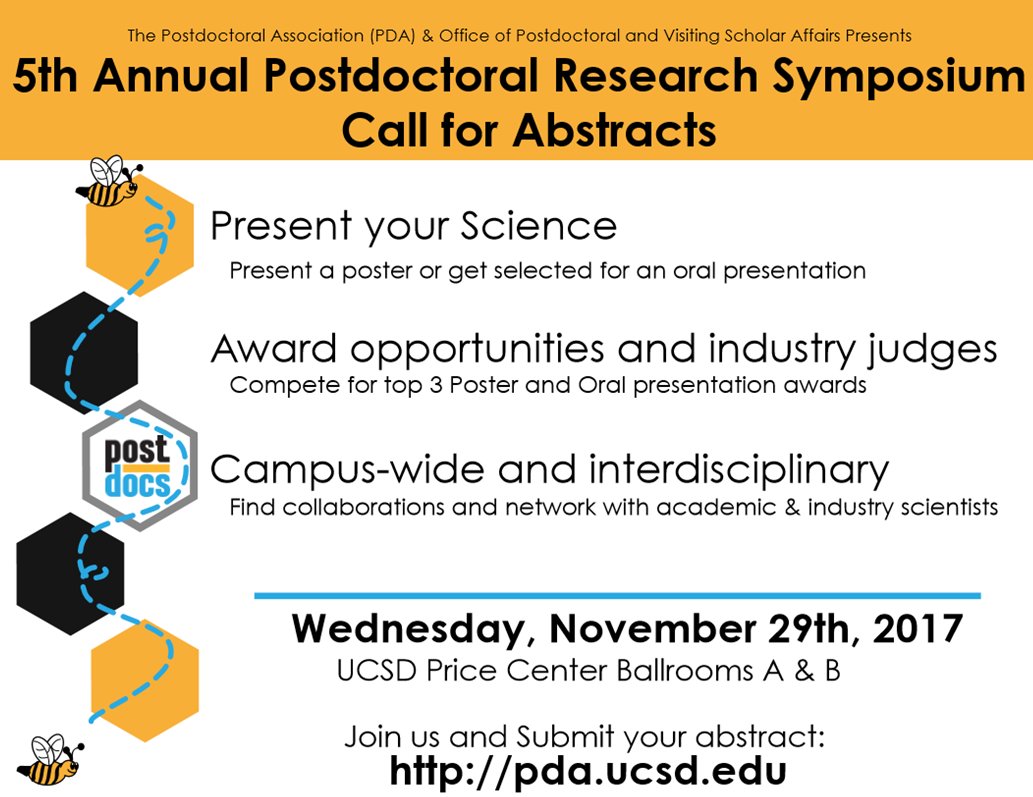 UCSDPDA's tweet photo. POSTDOCS: #UCSDPostdocSymposium is ONE WEEK AWAY! Prepare your posters, presentations, and excitement for your fellow colleagues as they present their research! More here: https://t.co/TTkIBADT4q https://t.co/57ndU9pL5R