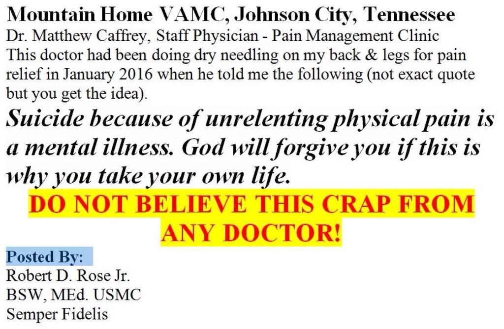 pamelakarnbach's tweet photo. @shortman5427 @mercola How do you feel about a VA doctor telling patient God will forgive him for #PainSuicide instead of treating the pain? Are #disabled & #IntractablePain #ChronicPain pts becoming the modern day #MengeleMethod victims? Where is the outrage about #AlcoholCrisis ? https://t.co/XRKlRpib4a