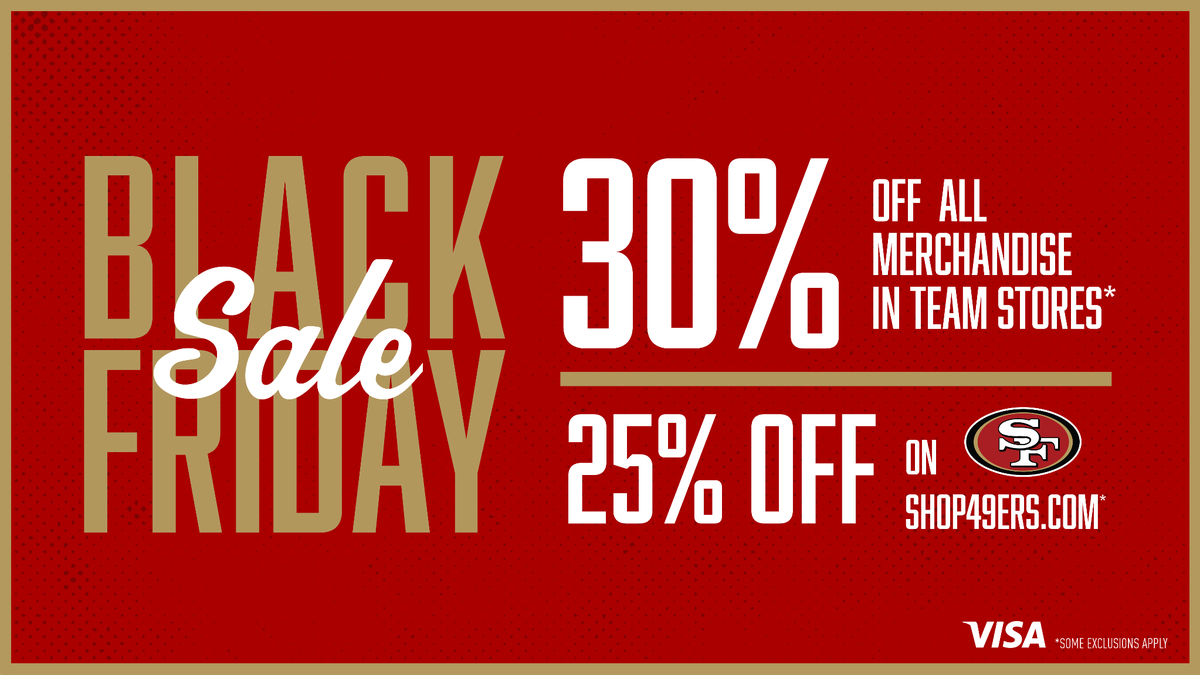 49ers's tweet image. Get ready for #BlackFriday deals at the #49ers Team Stores 🛍

+ 49ers Golden Nuggets mystery prizes including gift cards, game tickets, autographed items &amp;amp; more! 😏

@LevisStadium open 9am-6pm, @WestfieldSFC 7am-10pm