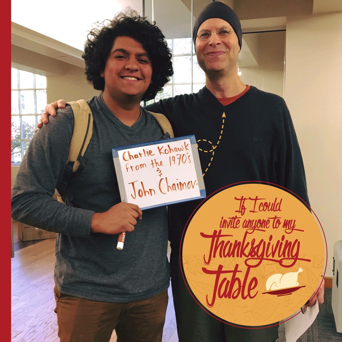 Go2Coe's tweet photo. Zab Dominguez’s Coe pride shines bright through his Thanksgiving dinner invitee choices of Charlie Kohawk and Professor John Chaimov. https://t.co/nSNtKchjsS