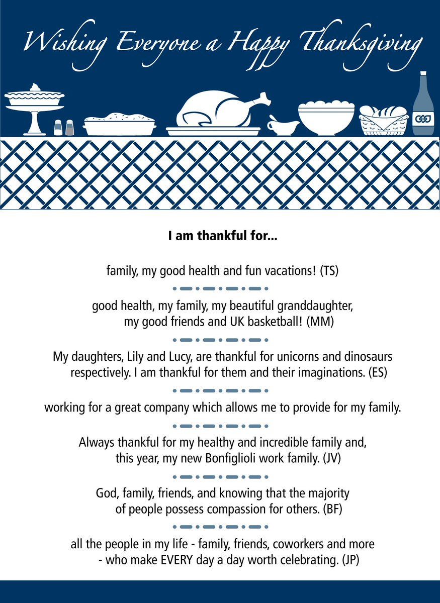 BonfiglioliUSA's tweet photo. Here are some of the things our Bonfiglioli USA family is thankful for! 

We hope everyone has a healthy, happy and abundant Thanksgiving full of family, friends and laughter.  Happy Thanksgiving! https://t.co/2bPI7W033Z