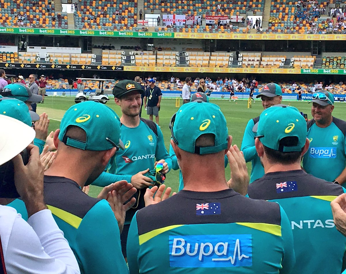 cricketcomau's tweet photo. A moment Cameron Bancroft will never forget. Receiving his Baggy Green from Geoff Marsh #Ashes https://t.co/E8r5zDoJzI