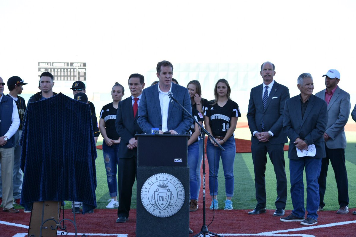 ABQCityCouncil's tweet photo. City Councilors @LewisABQ, @_Brad_Winter, &amp; Ken Sanchez join @Mayor_Berry in welcoming World Series Champ @ABREG_1 to throw out first pitch at the new #ABQ Regional Sports Complex https://t.co/GjcSbLCHWR