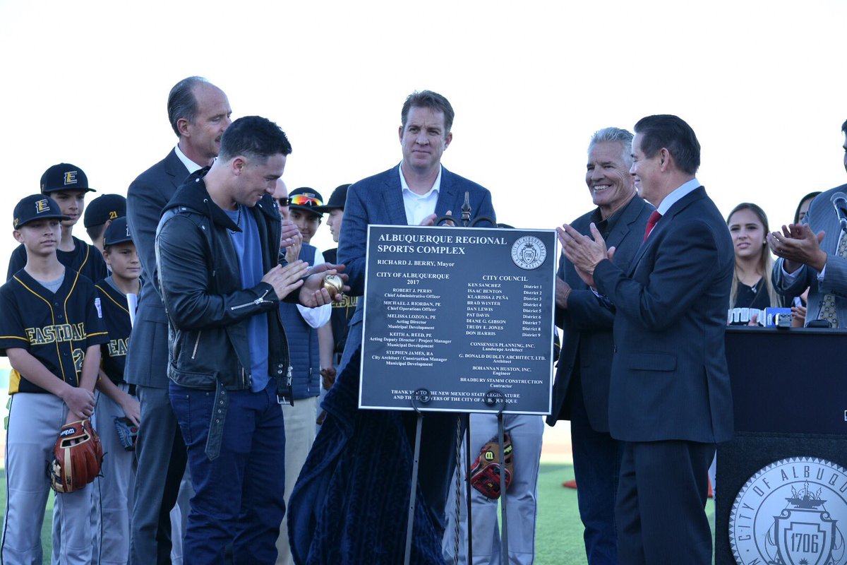ABQCityCouncil's tweet photo. City Councilors @LewisABQ, @_Brad_Winter, &amp; Ken Sanchez join @Mayor_Berry in welcoming World Series Champ @ABREG_1 to throw out first pitch at the new #ABQ Regional Sports Complex https://t.co/GjcSbLCHWR