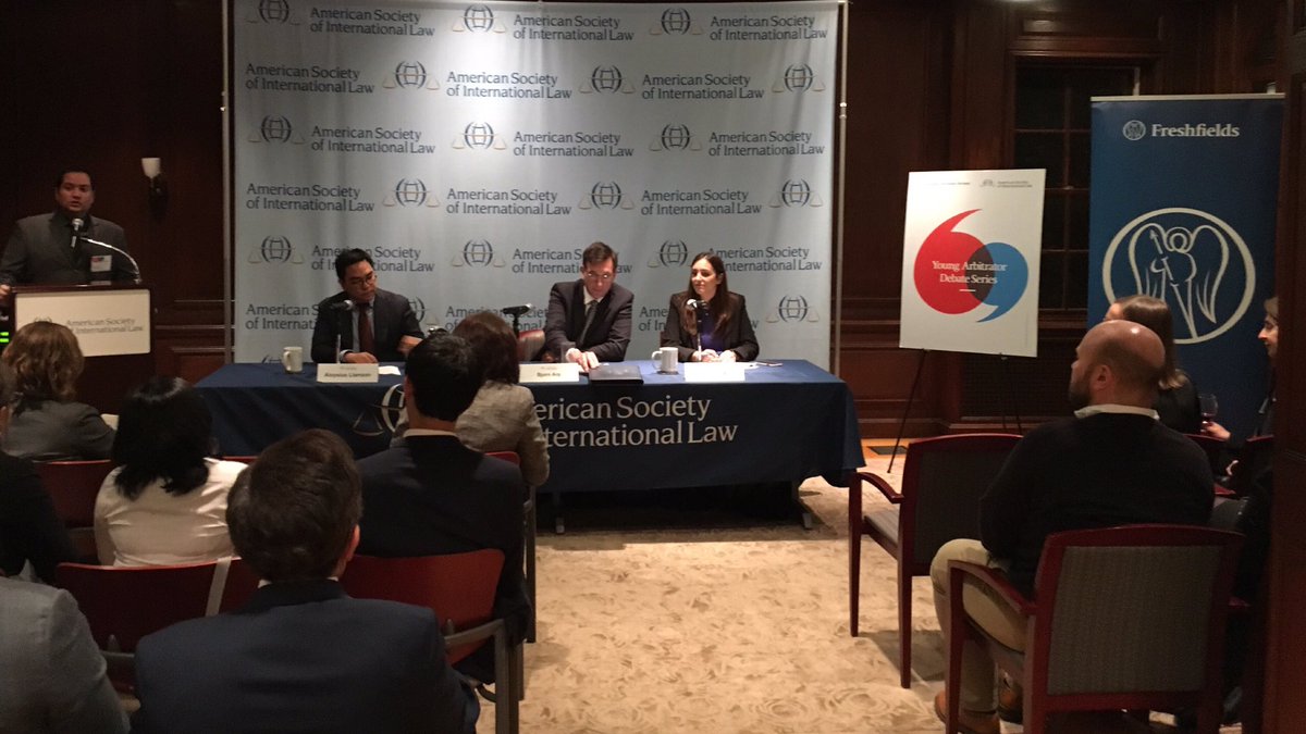 CarolineRichard's tweet photo. Many thanks to debaters Aloysius Llamzon and Björn Arp, moderator María Julia Milesi, and of course, our event co-host, the @asilorg, for making our latest Young Arbitrator Debate such a tremendous success. https://t.co/AfH7G8xmEy