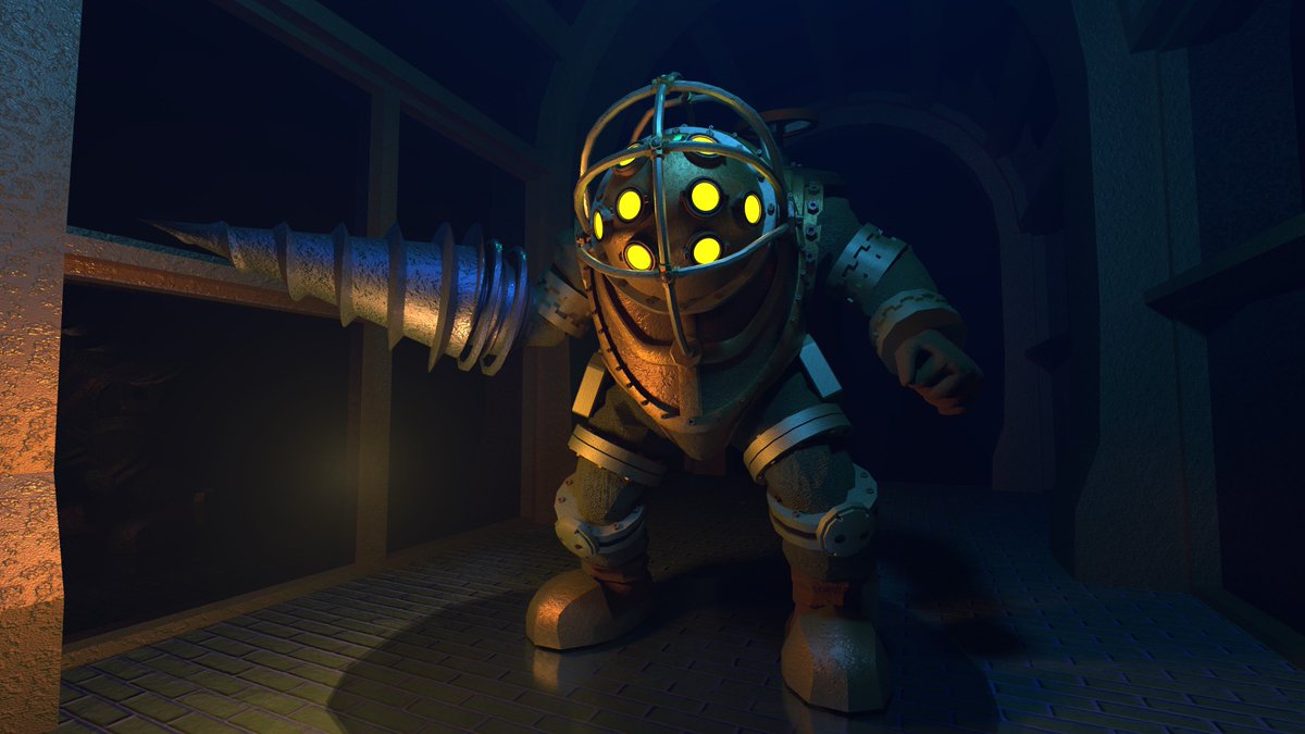 polychromal's tweet photo. Day 7 of my daily #3dmodeling challenge. It's #BioShock's 10th anniverary... Would you kindly take a look at my render of Mr. B. I've rigged him, so might have to animate some sort of dancing. #bioshock10 https://t.co/oX9mI79OsA