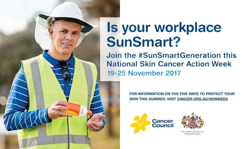 safe_work_aus's tweet photo. It is National Skin Cancer Action Week. Have you got sun protection in your work policies? #SunSmartGeneration #NSCAW  https://t.co/V9LWlqnkVp https://t.co/x9FNy5MNfa