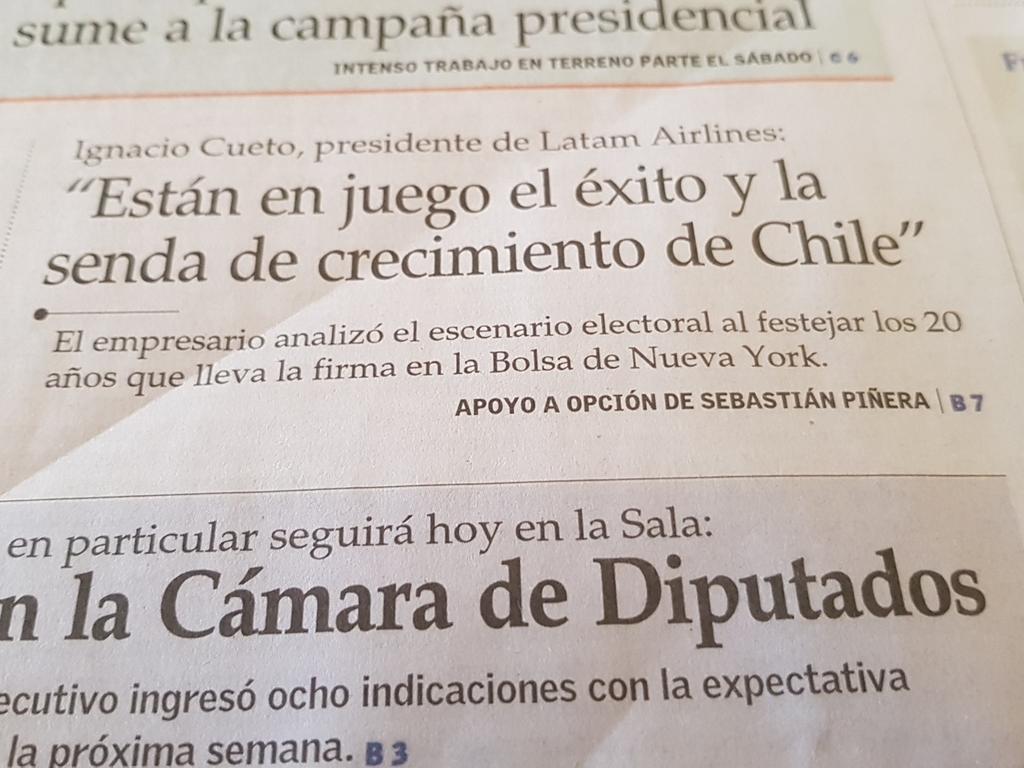 GabrielBoric's tweet photo. El empresario de Latam Ignacio Cueto (ex socio de Piñera en Lan), apoya a Piñera y dice que están en juego desarrollo y crecimiento. Y para El Mercurio eso vale un titular en portada. Necesitamos pluralismo en la prensa escrita. https://t.co/1miEM2lj5s