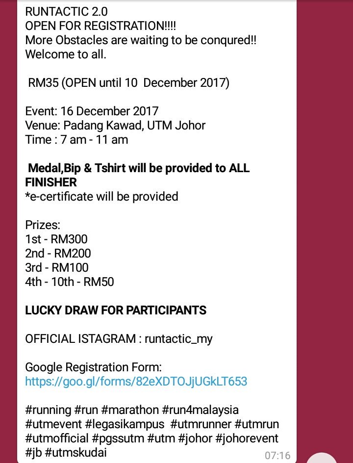dbeaute_co's tweet photo. Marilah berlari bersama sama kawan kawan. 🏃🏃🏃💨💨
OFFICIAL ISTAGRAM : runtactic_my

Google Registration Form:
https://t.co/SkdAZ675NU

#running #run #marathon #run4malaysia #utmevent #legasikampus  #utmrunner #utmrun #utmofficial #pgssutm #utm #johor #johorevent #jb #utmskudai https://t.co/XIXJZuVOBP