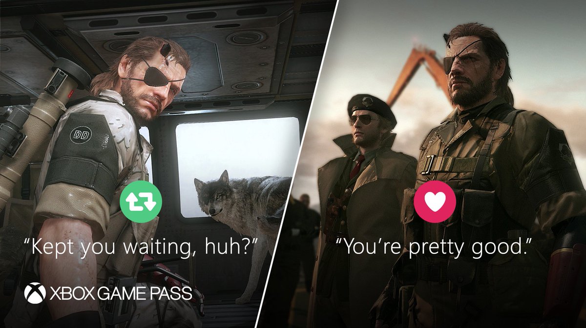 XBOX's tweet photo. What's Snake's best catchphrase?
Play #MetalGearSolid V [M] and over 100 more games on #XboxGamePass: https://t.co/CHCExw6OK9 https://t.co/FnVcyzlCCr