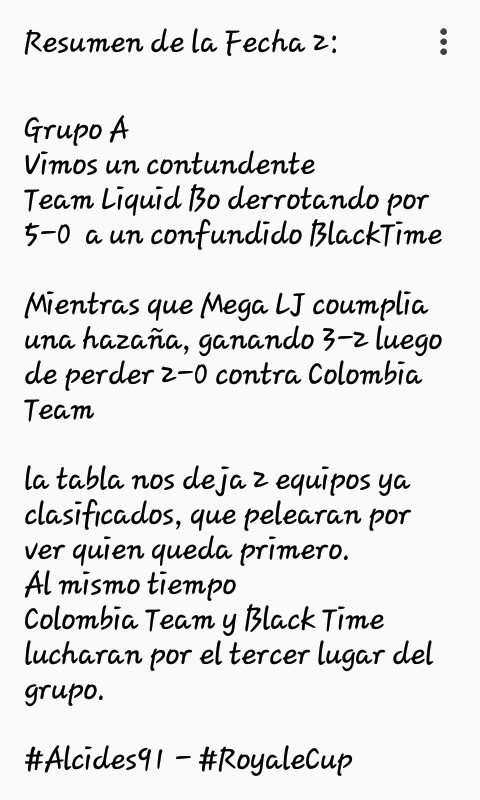 RoyaleCup1's tweet photo. Tabla de posiciones
Grupo A

1) team Liquid Bo
2) @TeamMegaEmpire1 
3) @Colombia_tm  
4) Black Time

Felicitaciones @TeamMegaEmpire1 
Primer equipo clasoficado a cuartos de final.

Se despidieron de la RoyaleCup como guerreros, muchas gracias @Colombia_tm y @AdrianV1808 https://t.co/PlUuuCGvr2