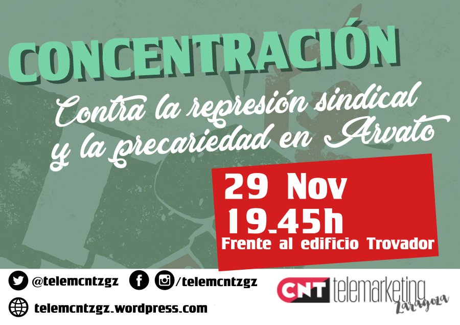 CNTAragRio's tweet photo. [Arvato telemarketing] Concentración 29 de noviembre contra la precariedad - https://t.co/dgOxpVWifD https://t.co/2cAPjtW6JZ