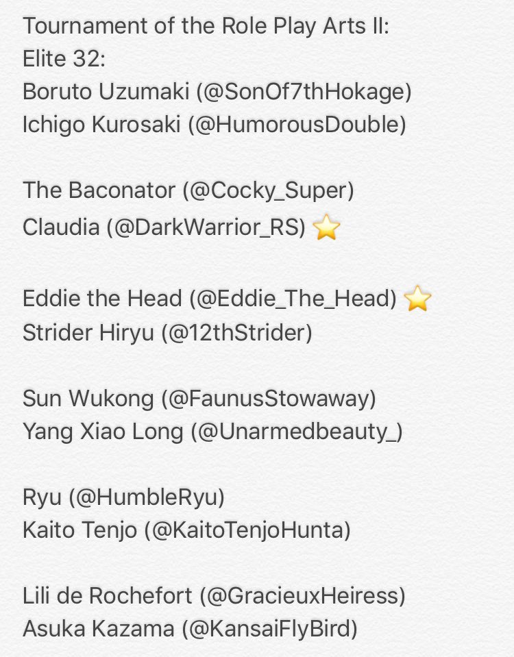 Here are the confirmed participants for #TRPAII  <a href="/HumorousDouble/">Ichigo Kurosaki</a> <a href="/HumbleRyu/">Ryu</a> @Eddie_The_Head8