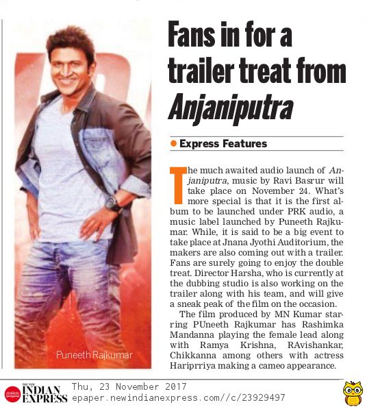 sharadasrinidhi's tweet photo. https://t.co/dOdadFWFnI #PuneethRajkumar fans are in for a double treat. Along with the audio launch of Anjaniputra under #PRK music label, @ravibasrur; makers are also releasing the trailer of the film. A big event is organised at #Jnanajyothi #Auditorium  @NamCinema @shivuaDDa https://t.co/tlmpu9L4YN