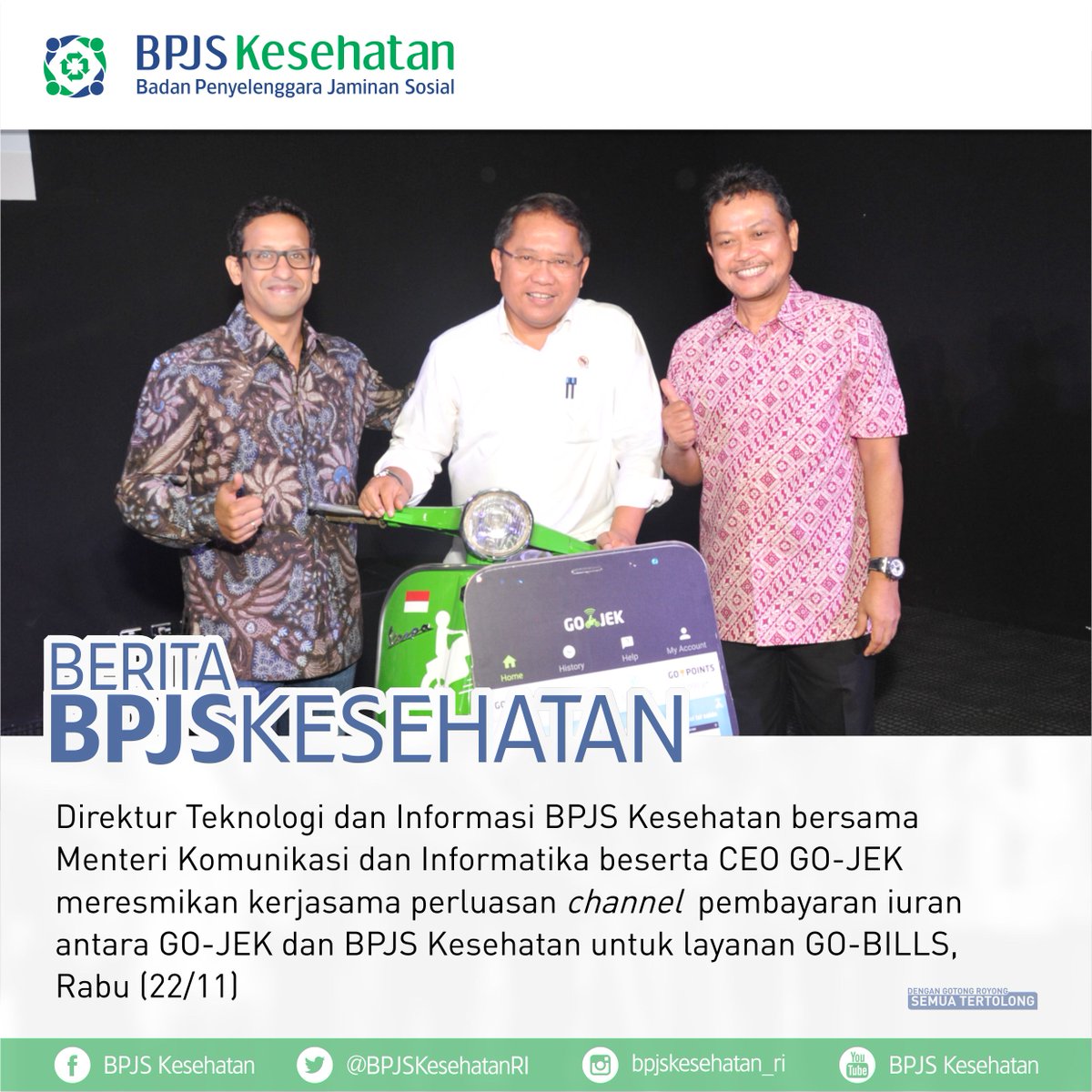 BPJSKesehatanRI's tweet photo. Sahabat, sekarang sudah bisa loh melakukan pembayaran iuran BPJS Kesehatan melalui aplikasi GOJEK dengan layanan GO-BILLS. https://t.co/KpuU0z8Yyo #JKNKIS #KartuIndonesiaSehat https://t.co/Qqb6lJGHRB
