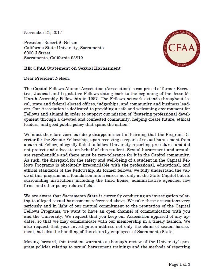 CapFellowAlum's tweet photo. The Capital Fellows Alumni Association Board has sent the attached letter to @SacState @PrezNelsen. We stand in solidarity with Fellows and alumni who have experienced sexual harassment and assault in the Capitol and beyond. https://t.co/C2i1c887Pb