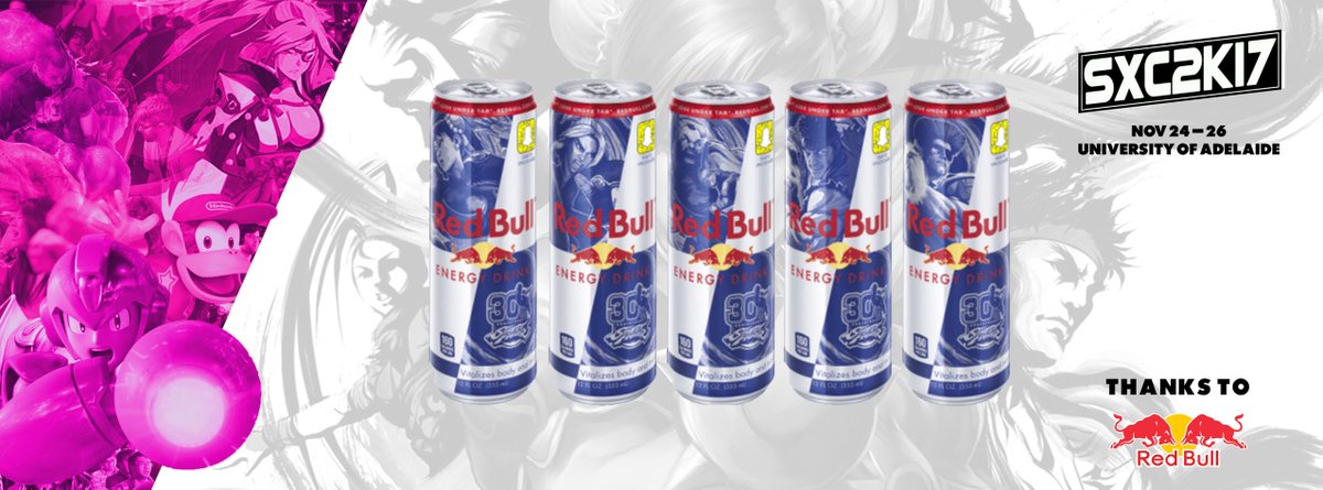 SAFGC's tweet photo. The Red Bull Wings Squad will be coming by #SXC2K17 to give all patrons some Street Fighter 30th Anniversary Cans. SFV TOP 8 will also receive 5 Unique Cans Per Person. https://t.co/oB6VVUN5lr