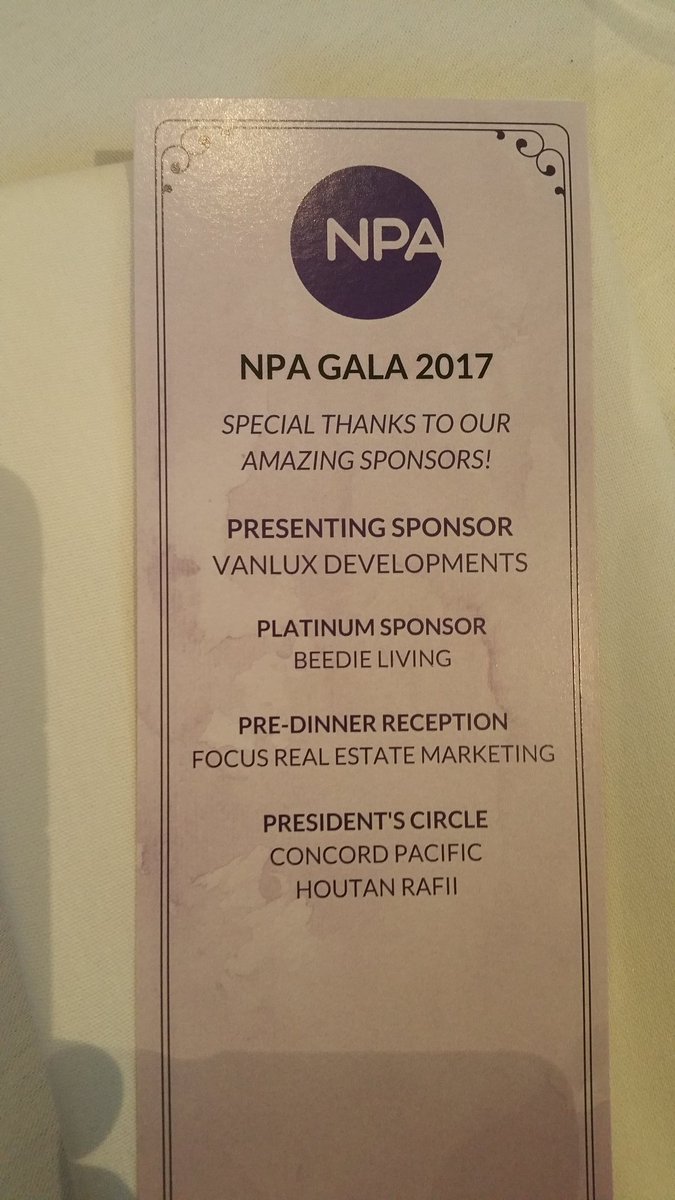michaelgeller's tweet photo. Seems to me @BeedieLiving is making political statement at NPA dinner, but where are all the other sponsors? Only 11 mo to go to #elexn https://t.co/RV6jnCp69x