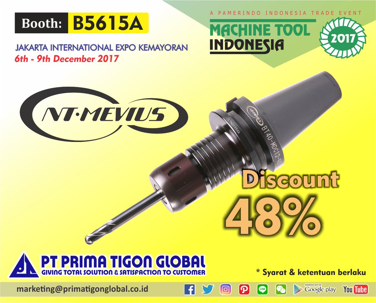 primatgnglobal's tweet photo. Promo Pre-Sale Machine Tool Indonesia 2017, 6-9 Desember 2017 at JIExpo Kemayoran, Jakarta.
#primatigonglobal #nt #ntmevius #colletholder #cuttingtools #machinetoolindonesia2017 https://t.co/RBLmS2ZZRT