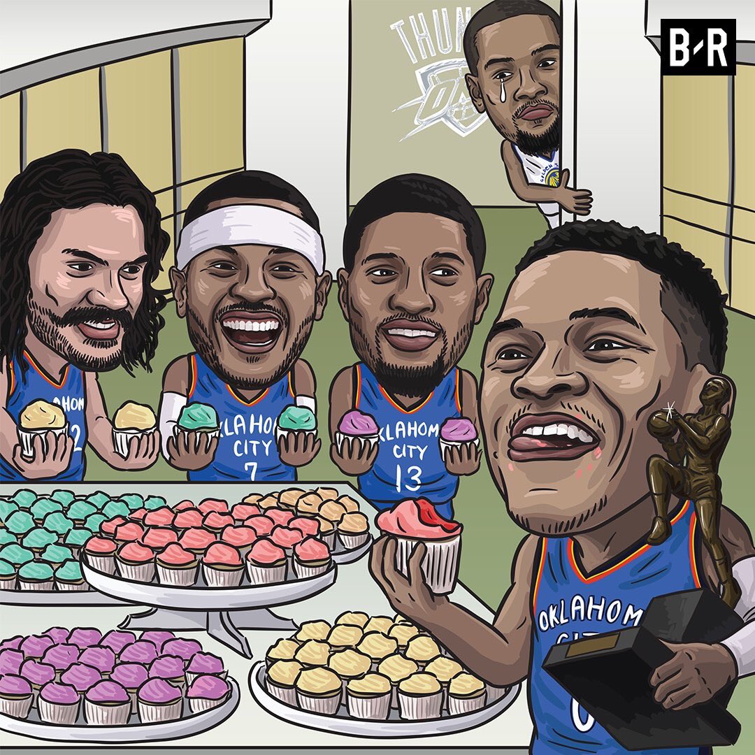 in_nba's tweet photo. サンダーがウォリアーズとの
因縁対決を108-91で制しました。

ウェストブルックが34P・10R・9A、
PGが20P・11R、カーメロが22Pと 
O K 3 が20得点以上の活躍⚡️⚡️⚡️ https://t.co/WUhuVlTFoC
