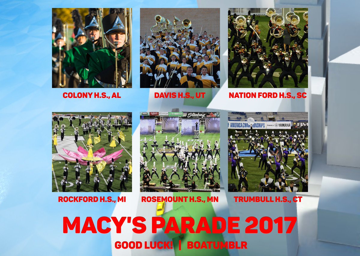 BOATumblr's tweet photo. Good luck to the BOA bands and other marching bands performing in the #MacysParade today! Happy Thanksgiving! https://t.co/8RJQTsXI1s