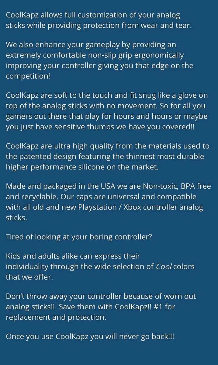 CoolKapz's tweet photo. Worn down analog sticks? Tired of your boring controller? Tired of only finding chunky weird cheap plastic caps which change the feeling of your analog sticks? Well Coolkapz is the solution to your problem!! Check out our amazing new caps at https://t.co/JCYA5XuPOI #ps4 #XboxOneX https://t.co/Uj1yTNIKct