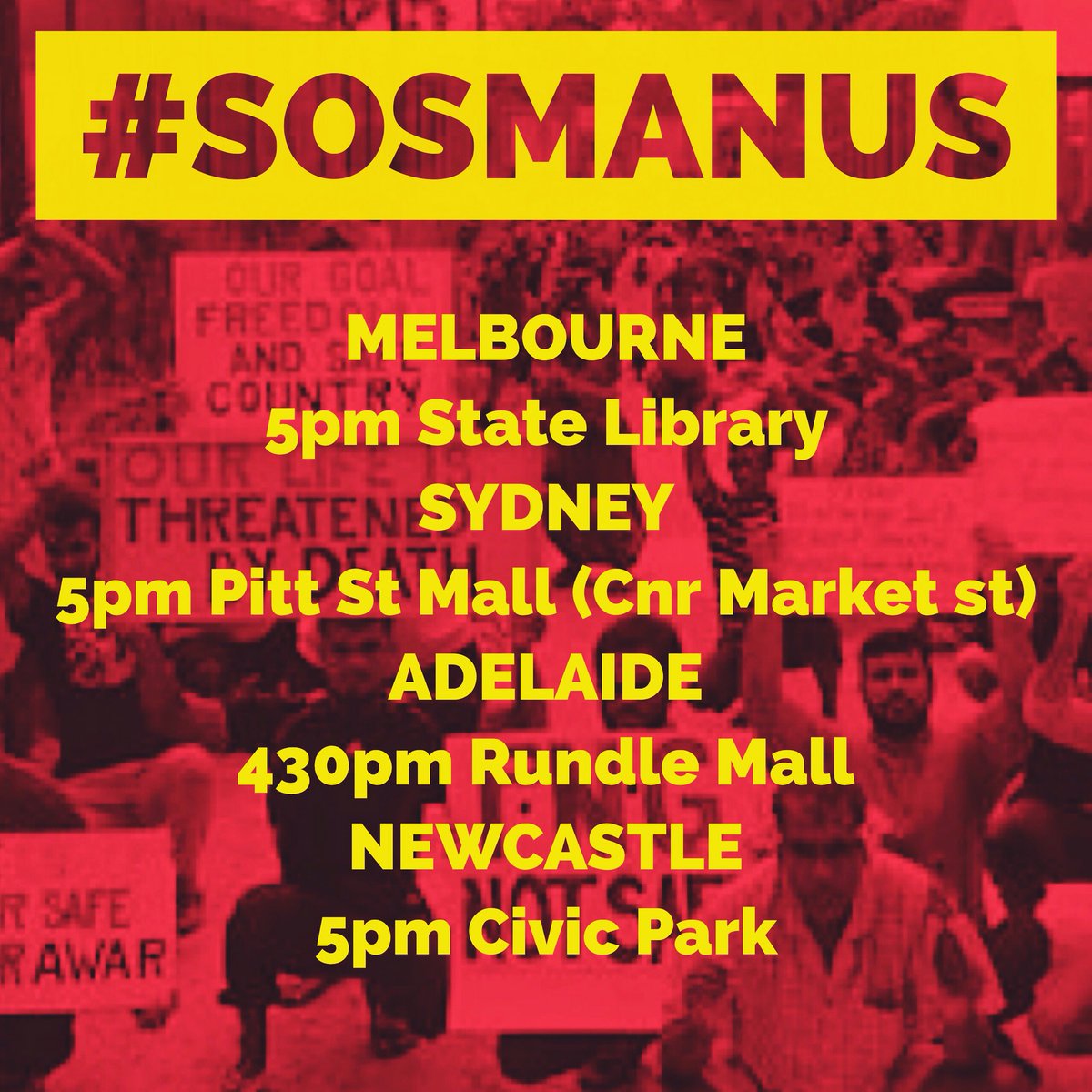 apheda's tweet photo. Emergency Rally’s for #Manus. 

#FreeBehrouz #SOSManus #evacuatenow #fwdorg #ausunions https://t.co/5jfrBjvji1