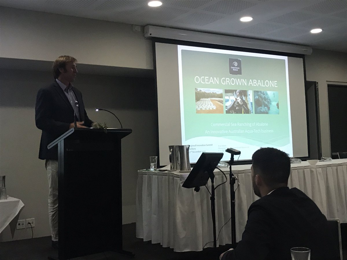 ChadRenando's tweet photo. Inspiring story from Brad Adams, startup to ASX with Ocean Grown Abelone #innovateWA #RegionalDevelopmentWA Not farming, but creating an abelone ranch. Tech critical for recording and reporting. Gov't critical enabler. https://t.co/APGcsg5H1g