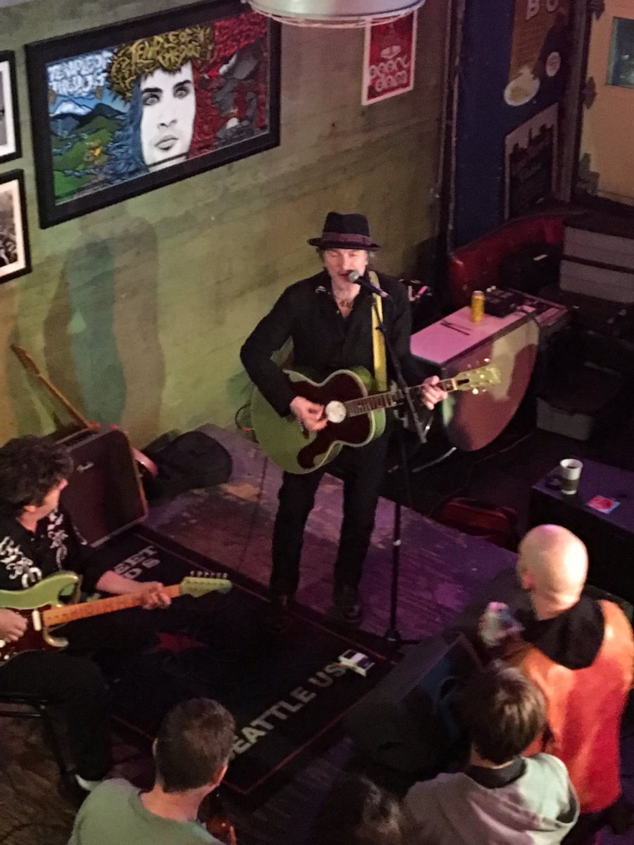 Dowc12's tweet photo. Ear protection. Venti drip. Dreary Seattle night. Rock show at the record store. Perfect evening for a 3 y.o. who didn't nap. Genuine rock star @tommy_stinson could not have been kinder. Cowboys in the Campfire @EasyStRecords  https://t.co/IwXvNnJD51