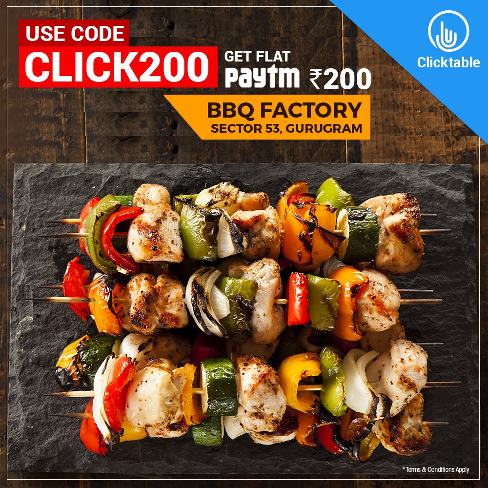 clicktable's tweet photo. Want to indulge in a buffet where no one looks at you? BBQ Factory is the place for you! Enjoy flat paytm cashback of Rs.200 through Code CLICK200 &amp; book only through https://t.co/FlUeqL92If!
#clicktable #gurgaon #DEALALERT #cashback #bbqfactory https://t.co/bCXeESU2YS
