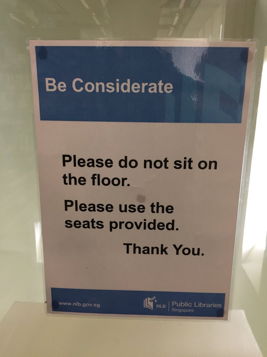 andypriestner's tweet image. Researching today at Bishan library... Was told off twice for sitting on the floor while interviewing a user who was also sat on the floor. According to a sign I saw later I was being ‘inconsiderate’. Also, you’ve guessed it, there aren’t enough seats here.  #uxlibs #libraryrules