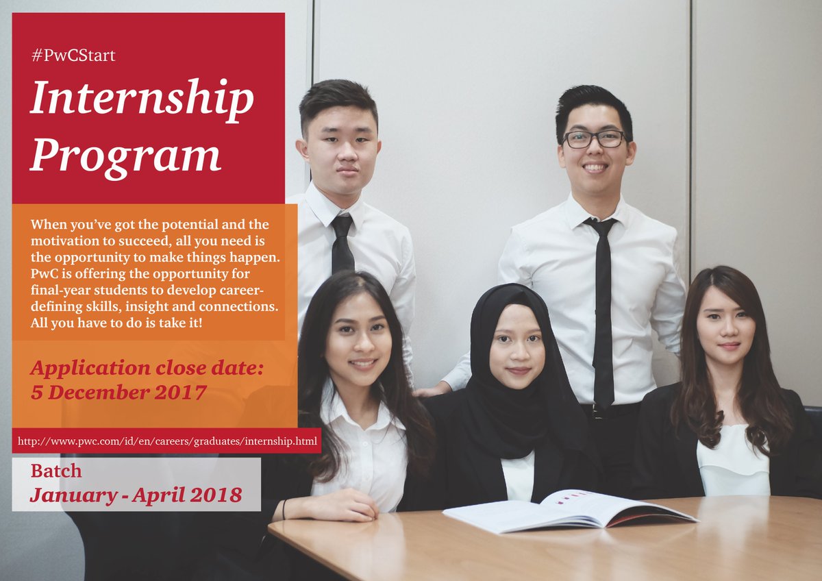 #PwCStart Internship Opportunity in PwC Batch Jan 2018 for final-year students major in Accounting &amp; Finance. Application Close Date : 5 Dec 2017. It's time to join earlier opportunities in PwC!
