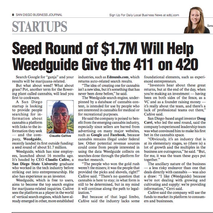 searchweedguide's tweet photo. Awesome to see our fearless leader @@@ featured in the San Diego Business Journal this week! 💪 🙌 😀#SearchWeedguide #entrepreneur #technology #cannabis #trailblazer #innovator https://t.co/D2AShjyXF3