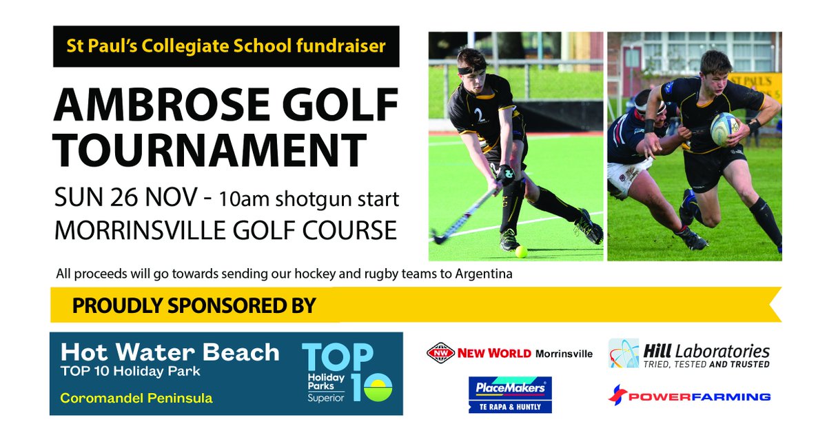 StPaulsNZ's tweet photo. Time is running out to secure your spot in the Ambrose Golf Tournament! Grab some mates and enter a team of four for a great day on the green this Sunday. All proceeds will help send our hockey and rugby teams to Argentina in 2018. More details here:  https://t.co/dfUtYHT1ue https://t.co/Wg2QTn4rkU