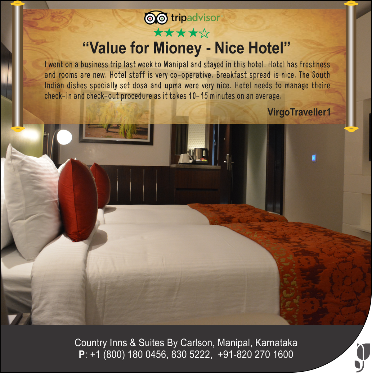 CountryinnM's tweet photo. Thank you for choosing us. And appreciate for giving #time to share your #experience. We ensure you from now that our check-in and checkout #procedure won't take much time in #future. #CountryInnSuites #Manipal. https://t.co/JfMepJipvi