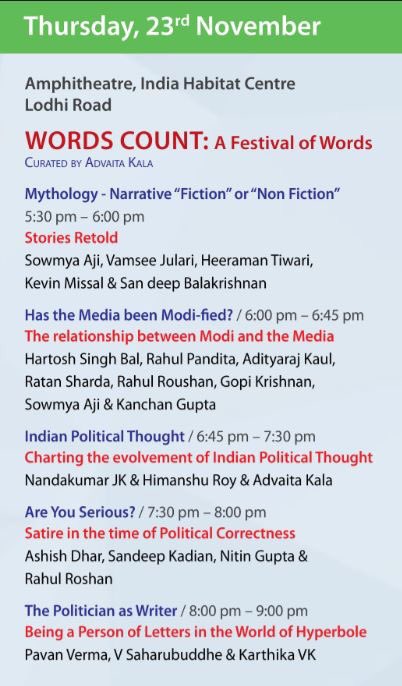 PrathibhaP's tweet photo. Today at #WordsCount - fabulous line up of speakers - don’t miss @AdvaitaKala @LoveDIAF @msisodia @DILIPtheCHERIAN @SowmyaAji @nistula @PavanK_Varma @karthikavk  @HartoshSinghBal @Sandeepbalakr https://t.co/dUTsevAScV