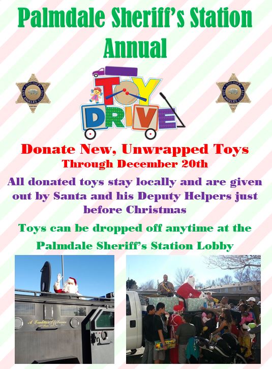 LASD_Eric's tweet image. 2017 - Annual #LASD Toy Drive
Please help us provide toys to local children in need.  Donations can be made at the Palmdale Sheriff's Station #AV411