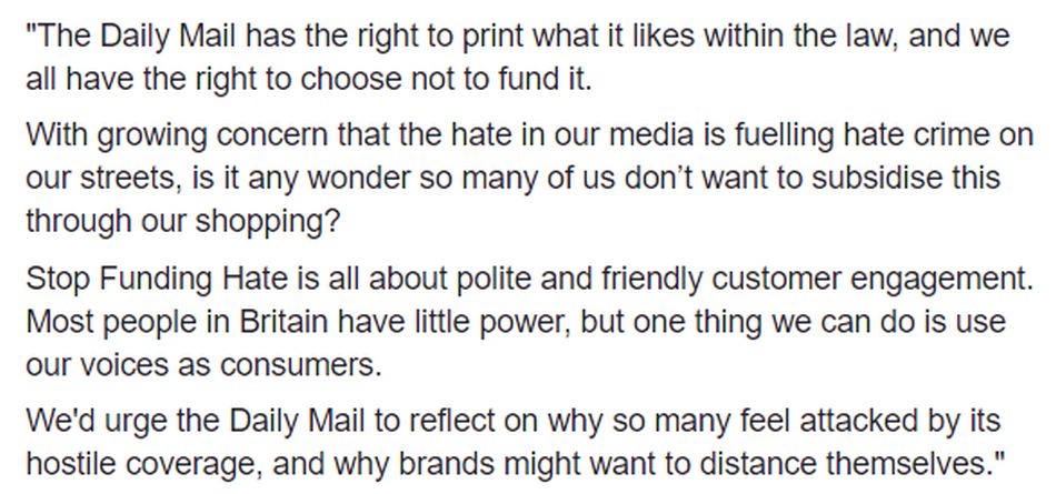 StopFundingHate's tweet photo. The Daily Mail kindly invited #StopFundingHate to provide a comment for their next article about our campaign. We're not yet sure whether this made it into the final piece, but here is what we said. See also: https://t.co/h8aytzkauz https://t.co/6MTJX4mFcL