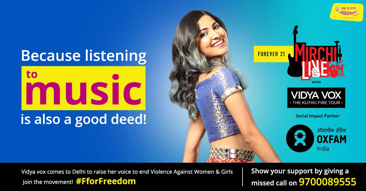 OxfamIndia's tweet photo. Are you ready Delhi?!
@VidyaVox is coming to your town with the message to end Violence Against Women and Girls through her #KuthuFire tour in collaboration with Radio Mirchi. 
You too can be a gender warrior like her! Join the movement, MISSED CALL NOW 97000 89555 https://t.co/2DemCUMez6