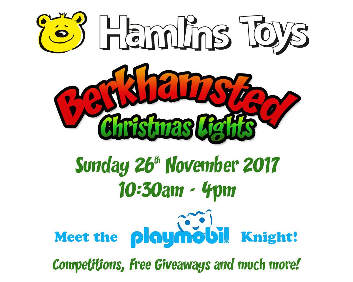 HamlinsToys's tweet photo. This Sunday during #Berkhamsted Christmas Festival of Lights we’ll have freebies, promotions and the #Playmobil Knight visiting. Pop in! https://t.co/Hewf4edlyY