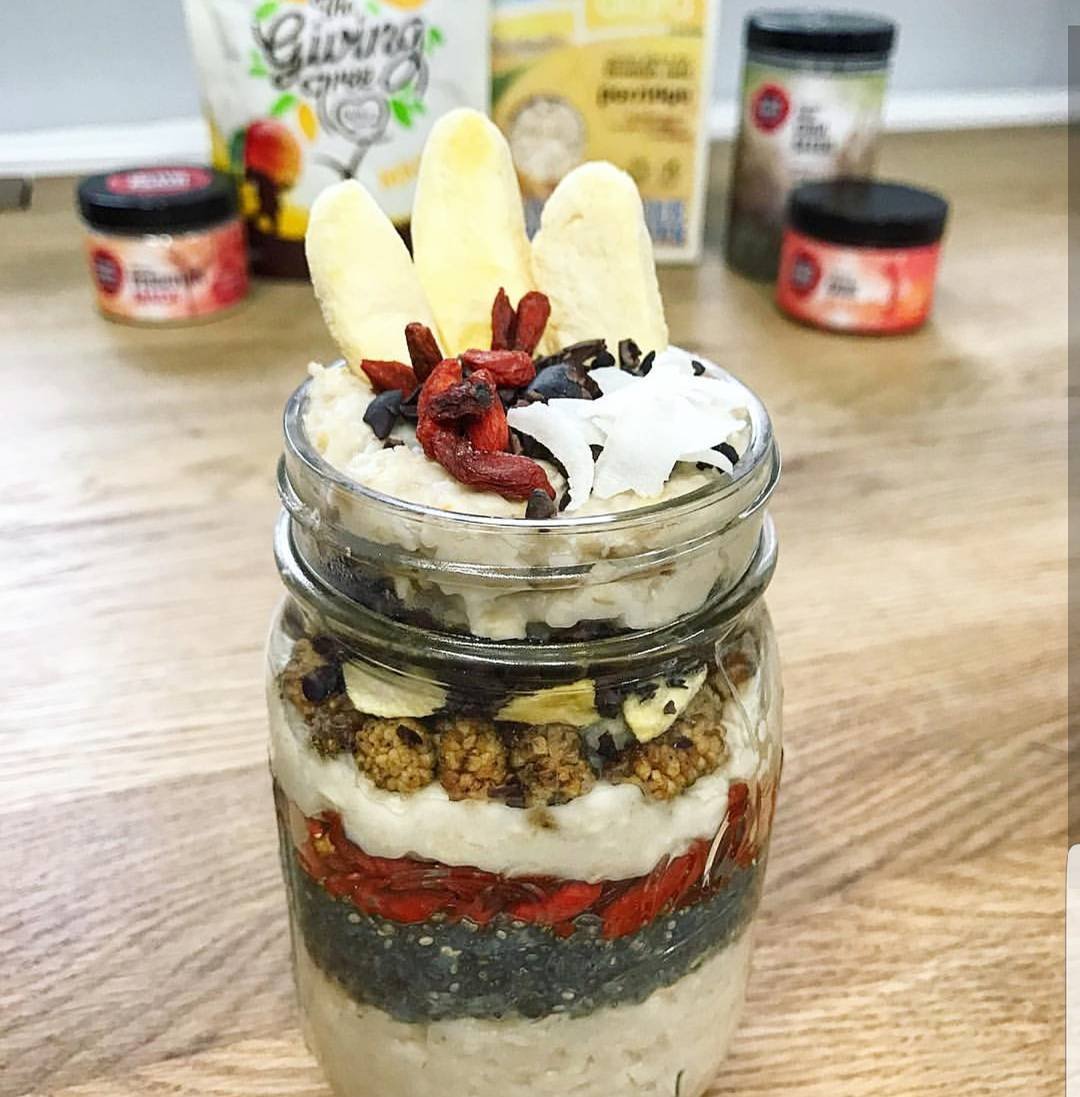 Enjoy your morning with this super nutritious overnight oats from <a href="/alara/">Andrew Lara</a>.cereals filled with @otesuperfoods chia seeds, goji berries, cacao nibs , mulberries and maca powder. And finally topped with our sweet Giving Tree Mango Crisps! Soooo good! 👌😍💥