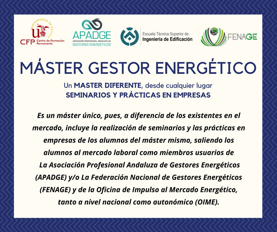 MasterGE_US's tweet photo. Nuestro @MasterGE_US incluye la realización de seminarios y prácticas en empresas, saliendo los alumnos al mercado laboral como miembros usuarios de
@Apadge_ y @FENAGE_GE y de la Oficina de Impulso al Mercado Energético,
 tanto a nivel nacional como autonómico #MasterGE2018 https://t.co/FBIrSynCyW