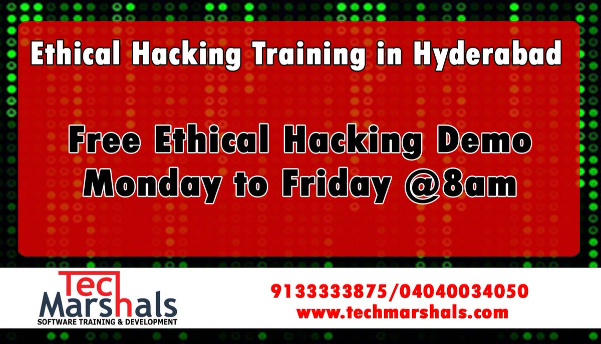 TechMarshals's tweet photo. Ethical Hacking Training in Hyderabad
Free Ethical Hacking Demo (Monday to Friday @ 8AM)
#techmarshals #ethicalhacking #training #ceh #hacking #hyderabad #ameerpet https://t.co/r7bBR9o2V6