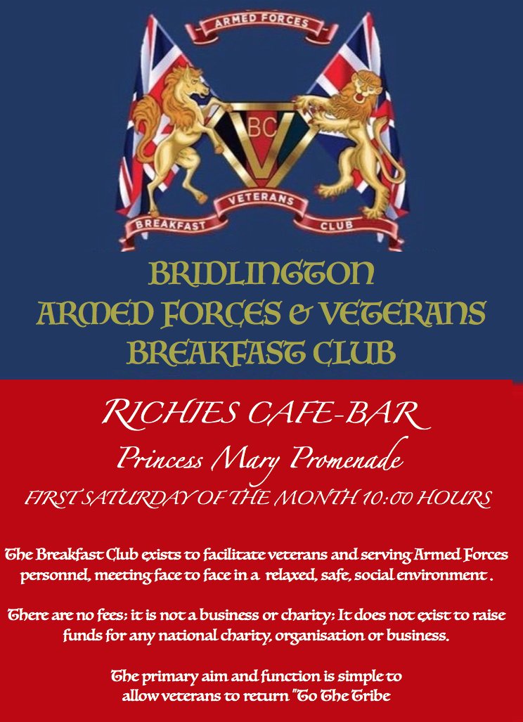 @YorksCoastRadio Please let you listeners know that Bridlington Veterans breakfast club will be holding their last meeting of the year at <a href="/RichiesCafebar/">Richie's Cafe-bar</a> on Saturday 2nd December 2017. All Armed Forces serving members, veterans and their families are welcome.