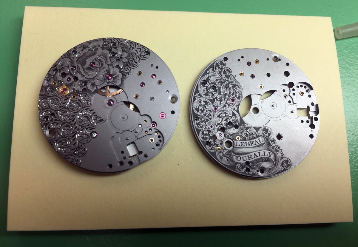 (LIVE FROM OUR MANUFACTURE) What's in the capable hands of our master watchmakers this morning. Two amazing engraved dials of Micro II, the exclusive micro-rotor manufacture caliber from Lebeau-Courally.