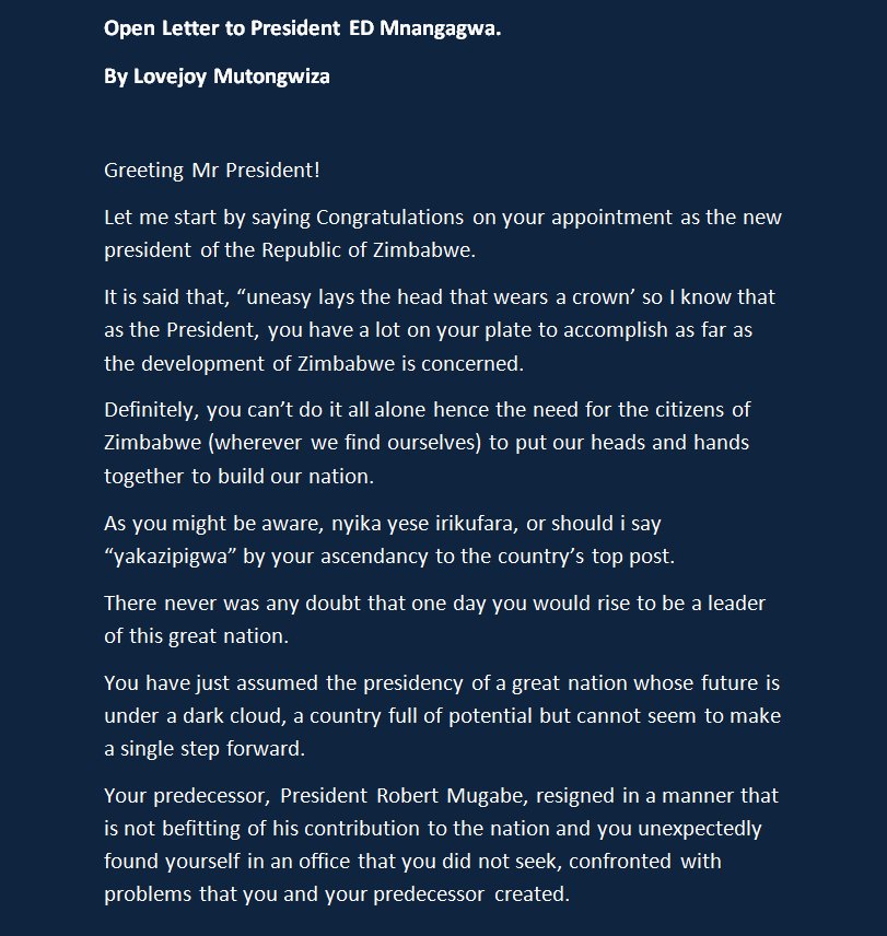 Ugaman01's tweet photo. An Open Letter To the New President of Zimbabwe ED Mnangagwa from a concerned Zimbabwean. Please read and Retweet. #EDreturns #MugabeResigns https://t.co/LflRR0jtzV