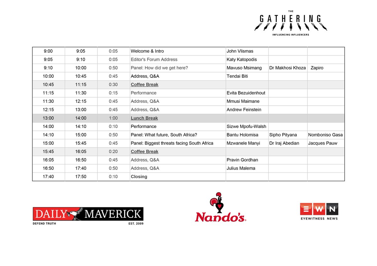 dailymaverick's tweet photo. #NandosDMGathering: For those asking, here is the running order. https://t.co/bKDpezlwTJ