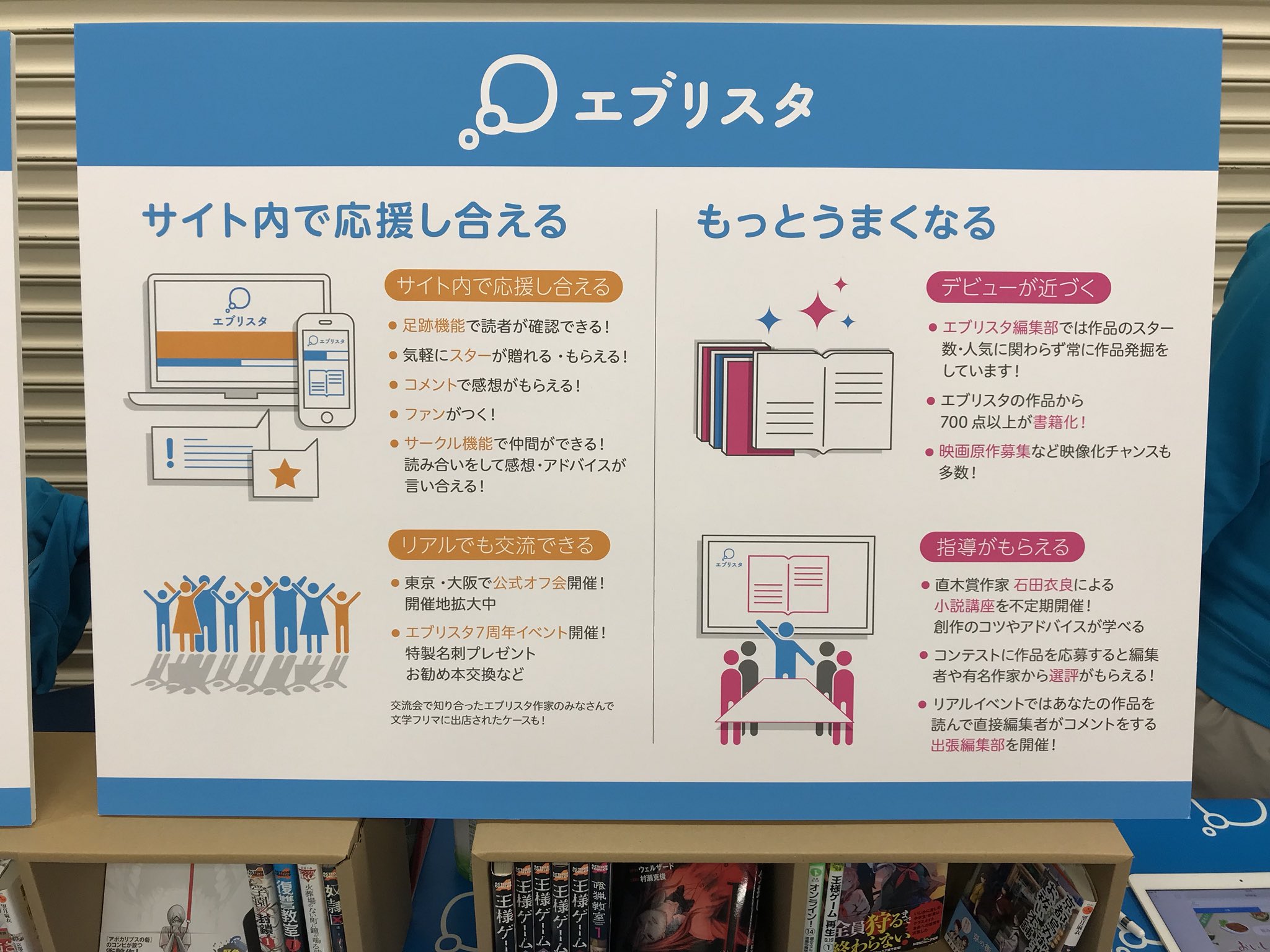 公式 エブリスタ Auf Twitter 文学フリマ東京中継 エブリスタ は サイト内で応援し合える リアルな繋がりがもてる 仲間 の存在や デビューの機会や有名作家 編集者からの選評がもらえる チャンス などをを大切に運営しています 文学フリマを機会に エブリスタ 公式 エブリスタ Auf Twitter 文学フリマ東京中継 エブリスタ は サイト内で応援し合える リアルな繋がりがもてる 仲間 の存在や デビューの機会や有名作家 編集者からの選評がもらえる チャンス などをを大切に運営しています 文学フリマを機会に エブリスタ