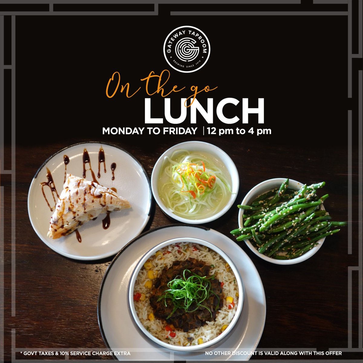 Meet The Gateway Taproom's 'The Wall' with smoky Black Beans, Corn and Pepper rice, sauteed French Beans and Cucumber salad that's a part of our new 'On-The-Go' lunch menu, served between 12:00 pm to 4:00 pm from Monday to Friday. 

#OnTheGoLunch #Taproom