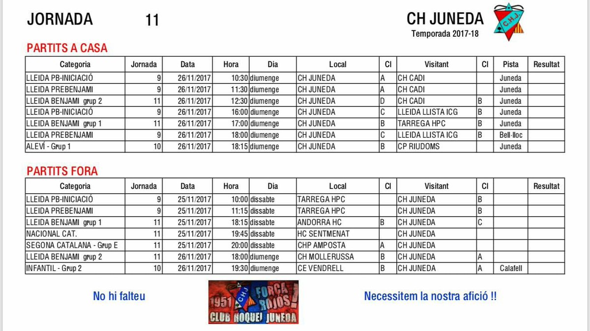 Aj_deJuneda's tweet photo. Partits del cap de setmana del #CHJuneda #NacionalCatalana https://t.co/ptC9ELTQOH